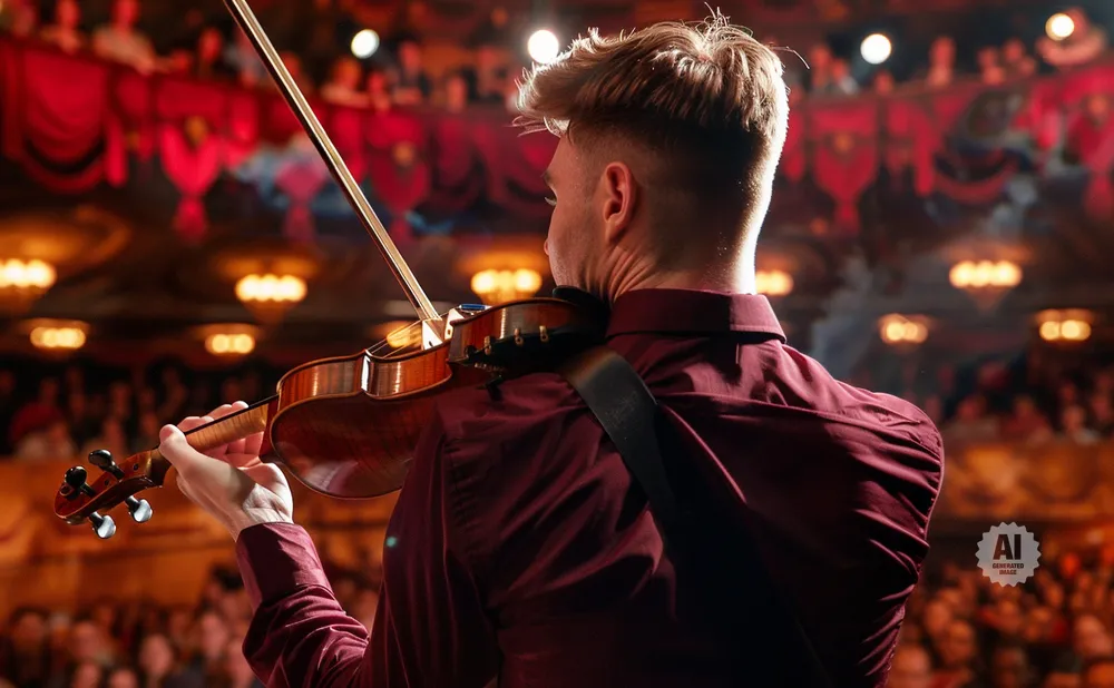 A man plays the violin on a stage with a red curtain and blurred audience.