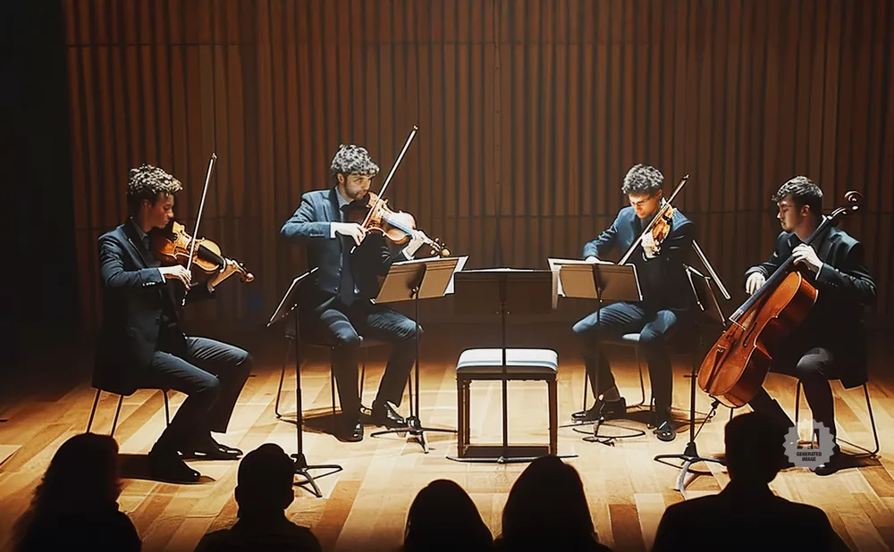 Four musicians play string instruments on a stage with a wooden floor and curtained backdrop.