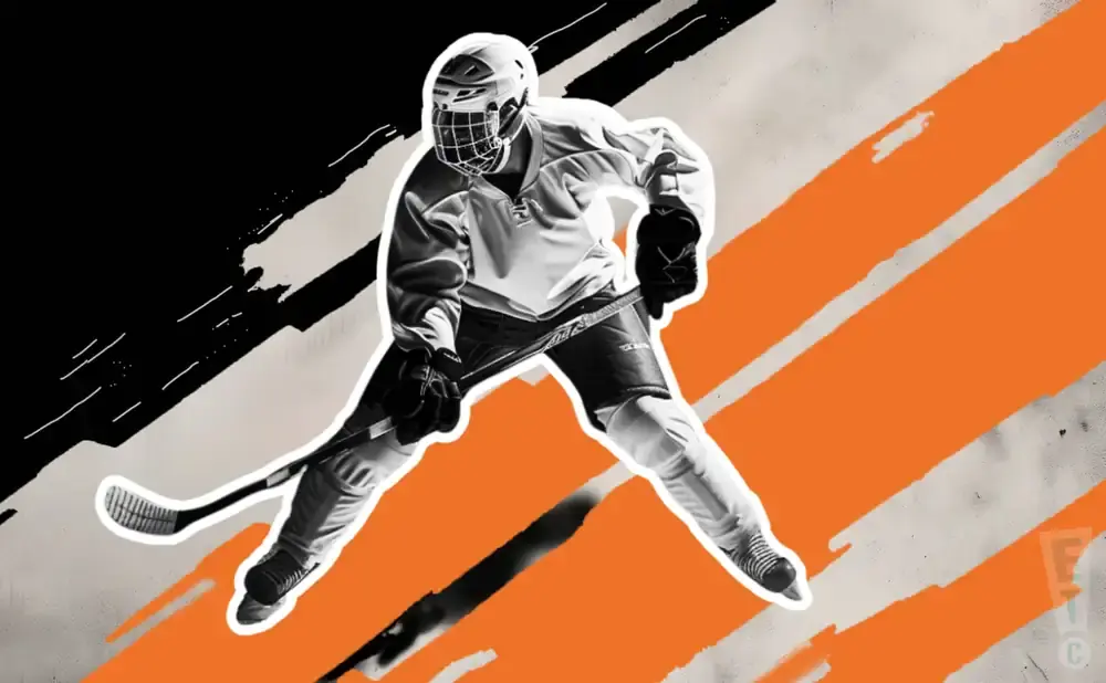 A hockey player in uniform skates with their stick, silhouetted against an orange and black background.