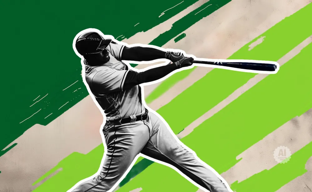 Baseball player swings bat against a backdrop of green and beige abstract streaks.