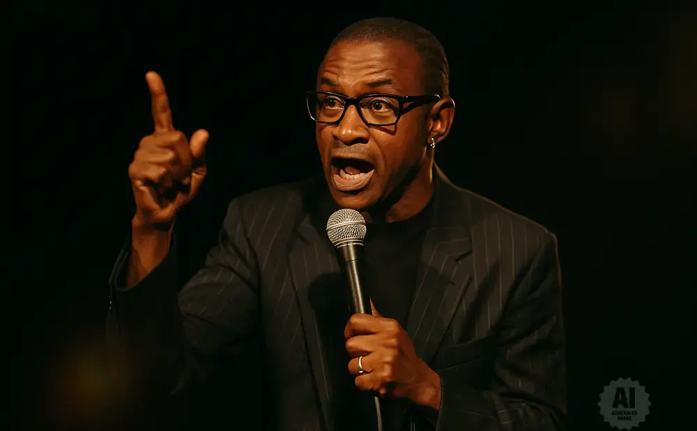 A Black man with glasses holds a microphone and points his finger upwards, speaking animatedly.