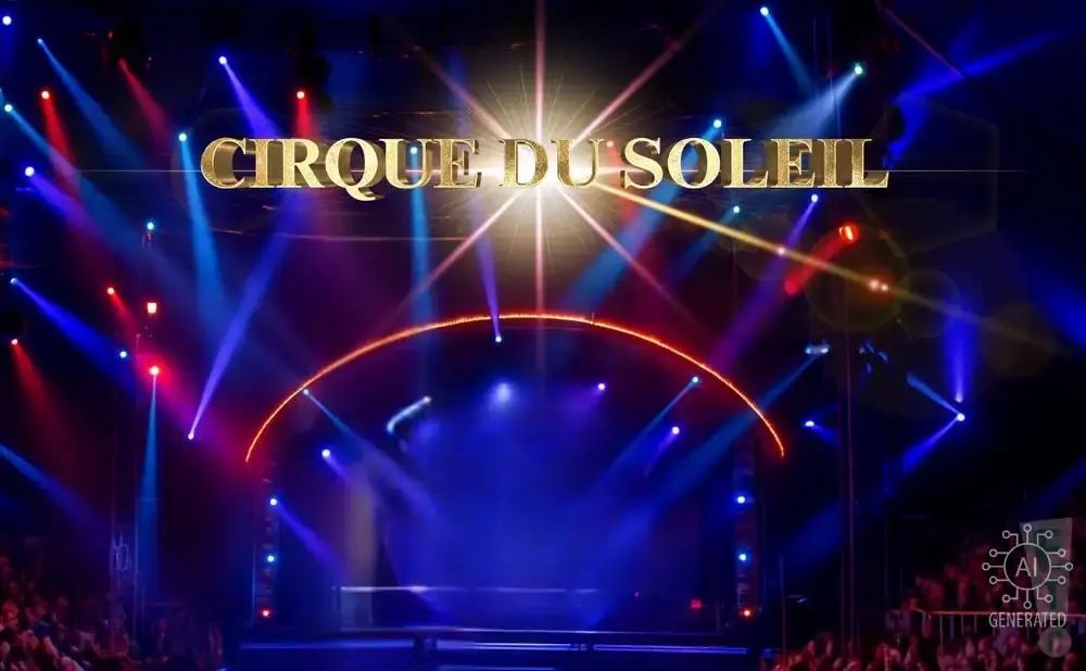 Cirque du Soleil logo appears in golden 3D letters against a stage with blue and red spotlights.