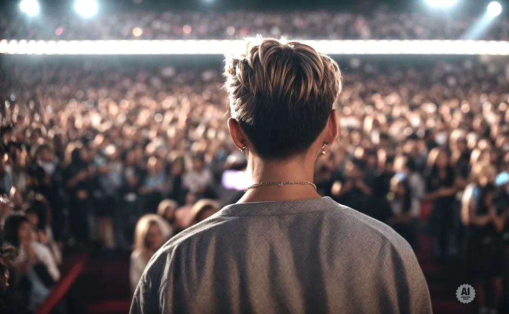 Back of a person's head facing a large, blurred audience under bright stage lights.