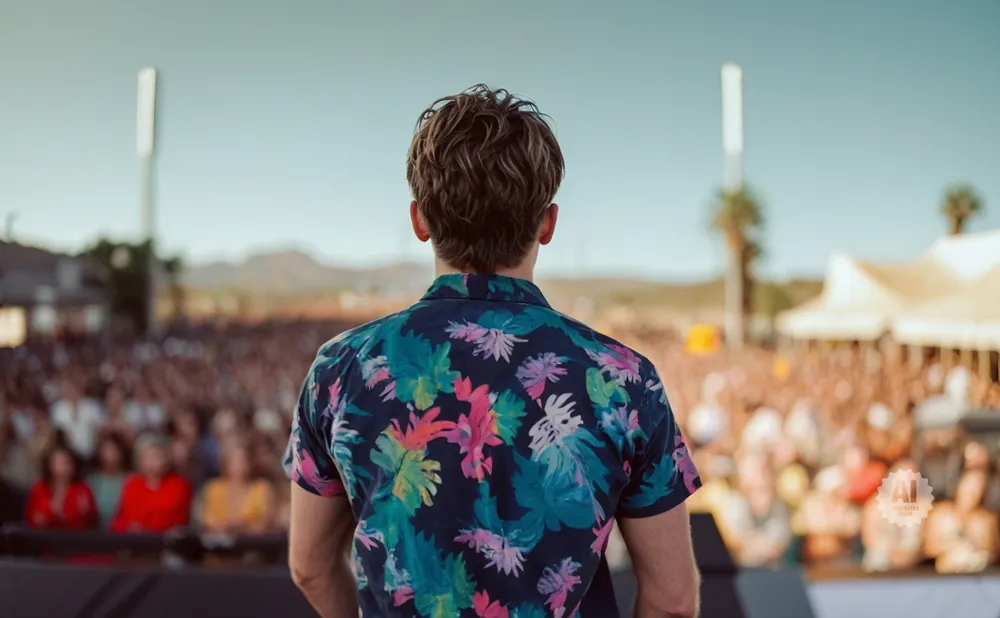 Man in a floral shirt facing a large crowd at an outdoor concert or event.