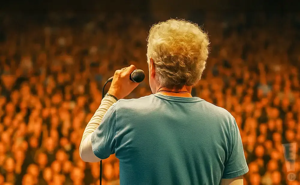 A man with curly blonde hair holds a microphone on a stage, facing a large audience.