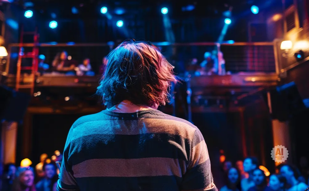 Person with wavy brown hair facing away from camera, wearing a striped sweater, on stage with a crowd and blue lights.