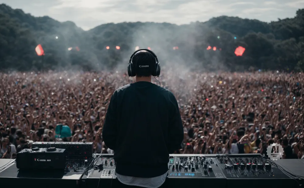 A DJ with headphones stands before a large, cheering crowd at an outdoor music festival.