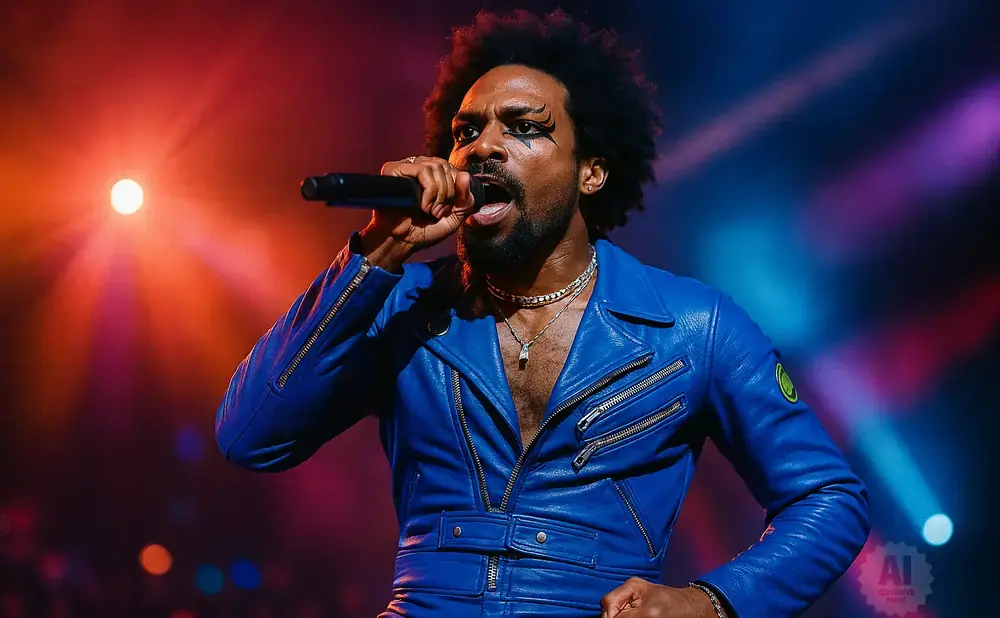 A man with an afro and dramatic eye makeup sings into a microphone, wearing a bright blue leather jacket.
