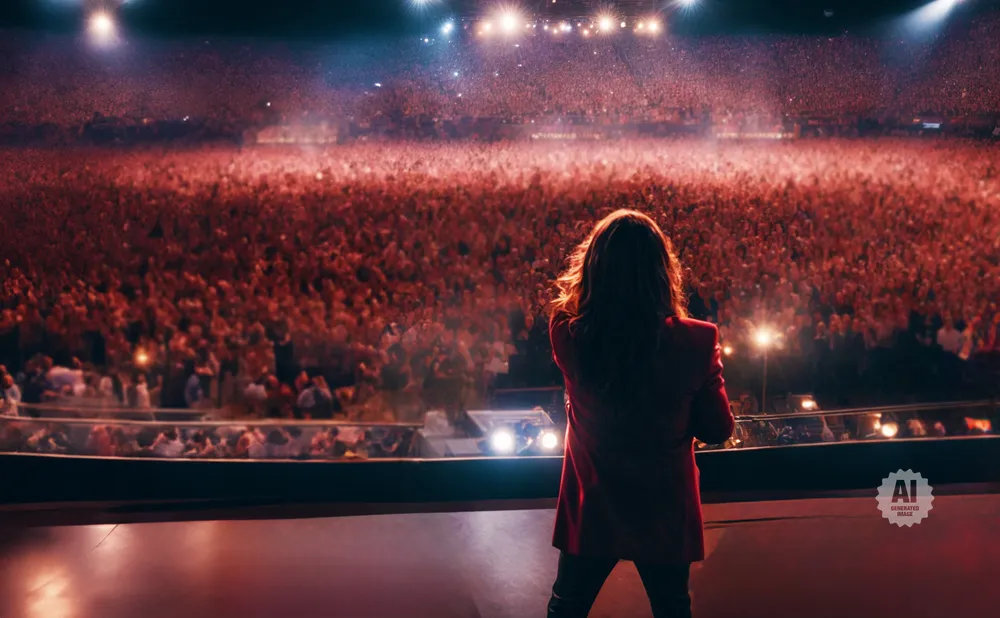 A singer in a red jacket performs for a large, illuminated audience in a stadium.