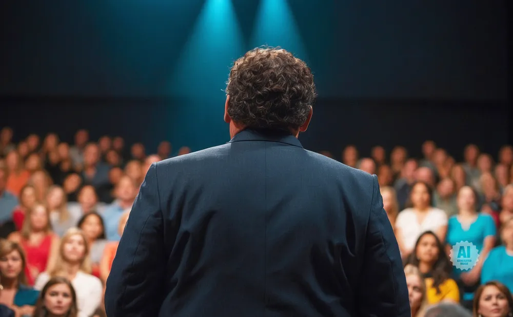 A man in a dark suit speaks to an audience under stage lights.