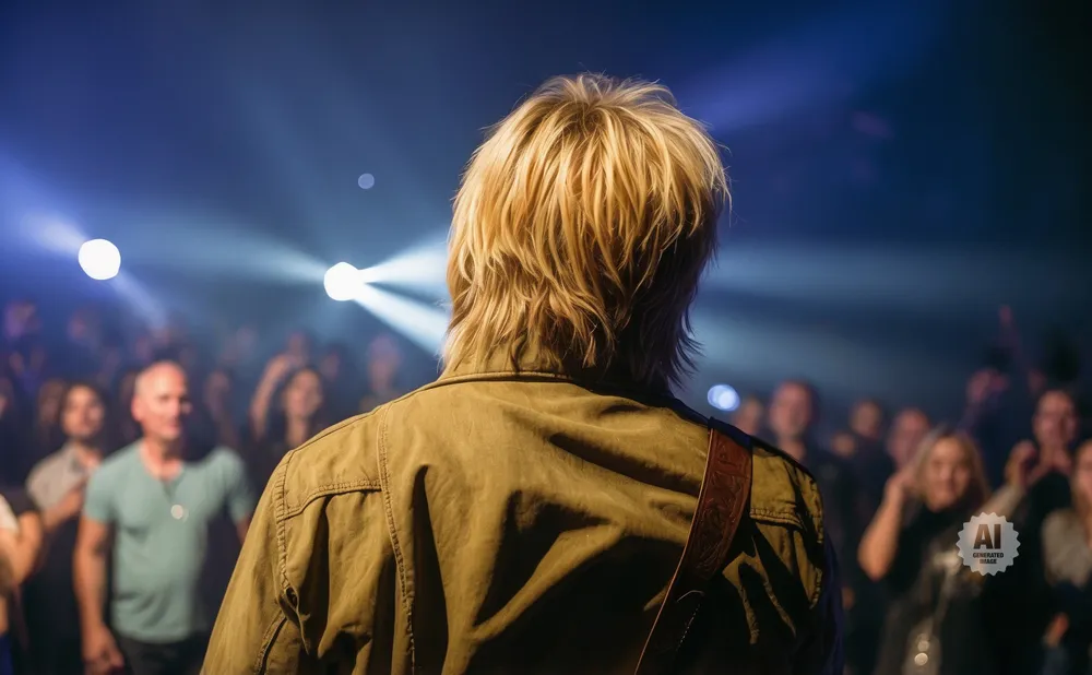 A musician with blonde hair seen from behind, on stage in front of a cheering crowd under blue lights.