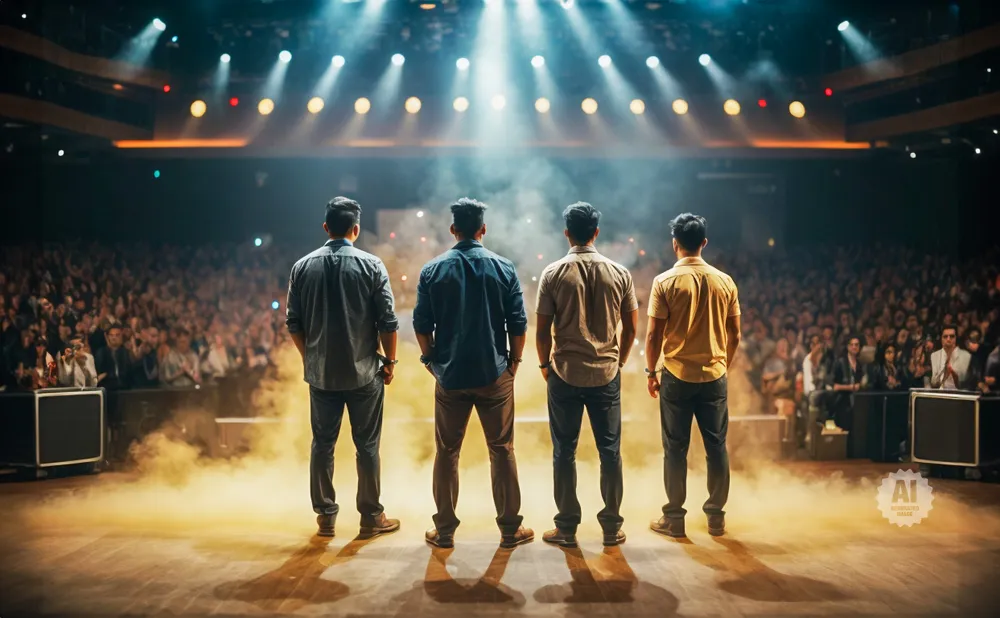 Four men stand on a stage facing a large audience, bathed in stage lights and smoke.