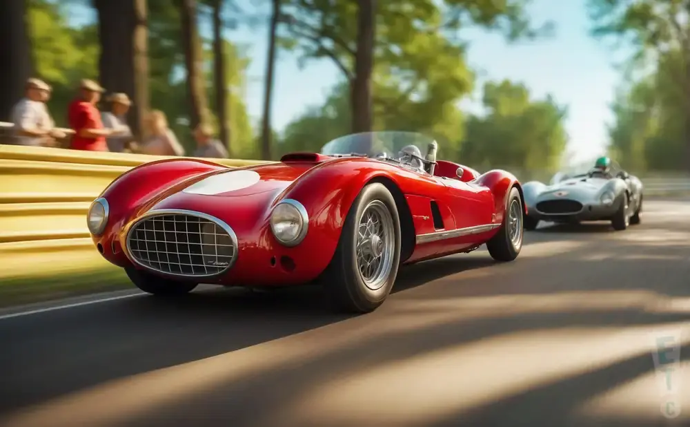Vintage red and silver race cars compete on a sunny track with spectators watching from the side.