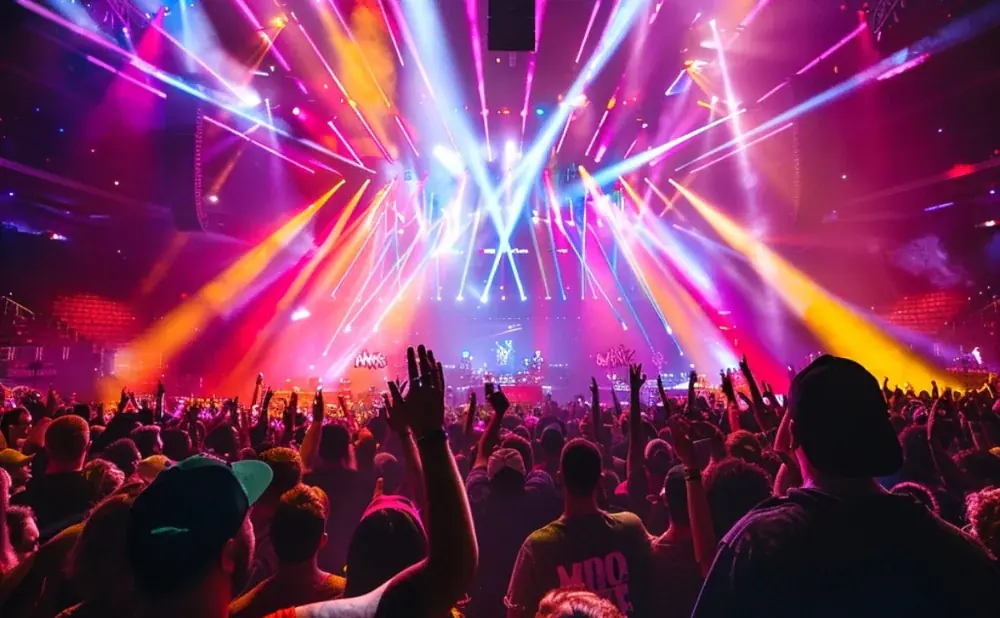 Crowd at a concert with bright, colorful stage lights in pink, purple, and yellow.