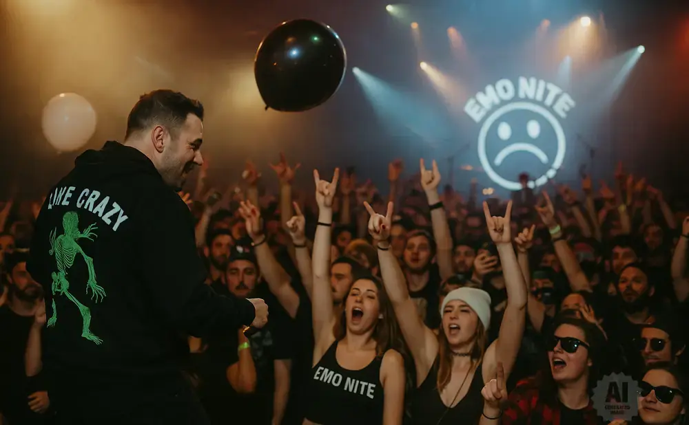 A DJ on stage at Emo Nite, with a crowd cheering and holding up rock signs.