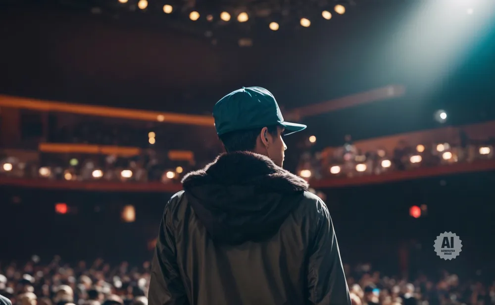 A person in a hooded jacket and baseball cap stands facing away from the camera, looking at an audience.