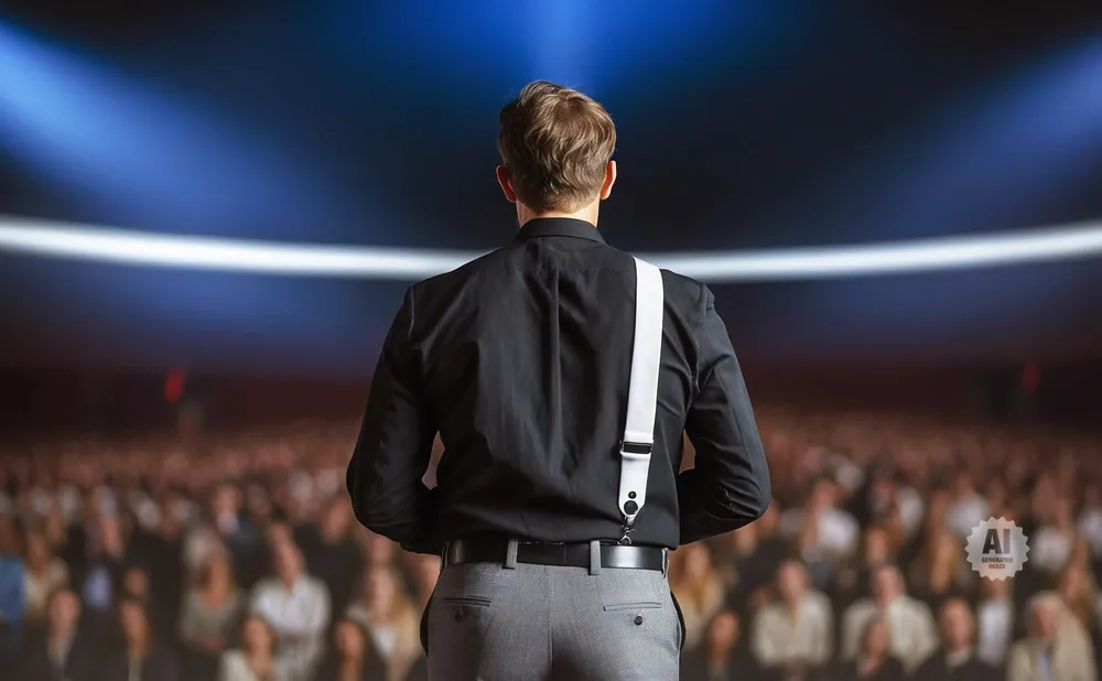 Man in a black shirt and suspenders faces away from the camera, addressing a large, blurred audience in a dimly lit venue.