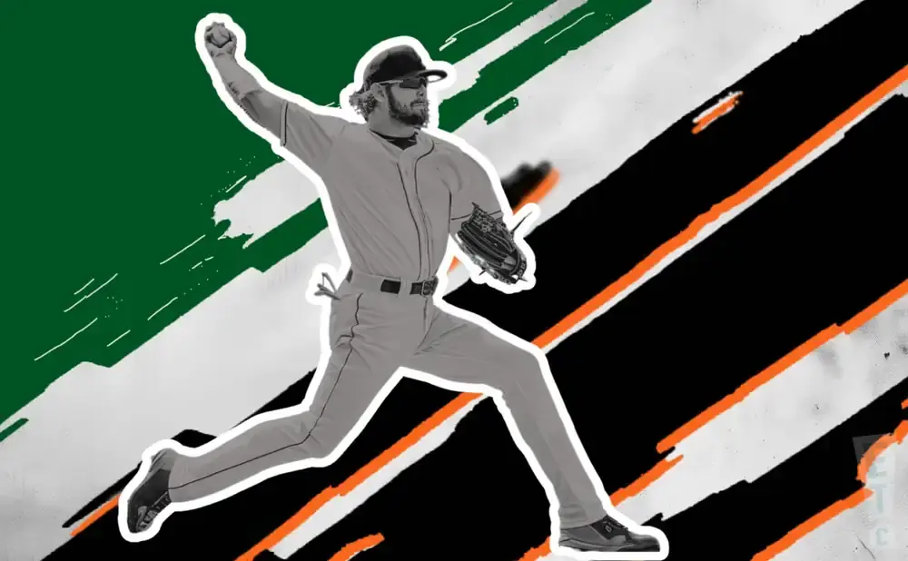A baseball pitcher in mid-air, mid-throw, against a graphic background of green, black, and orange stripes.