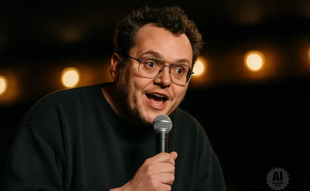A man with glasses and an open mouth holds a microphone, speaking to an audience with blurred lights behind him.