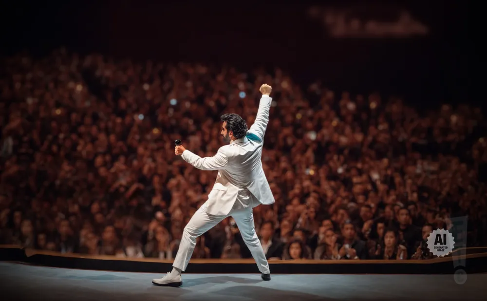 A man in a white suit performs on stage with a microphone, arms raised to a large cheering crowd.