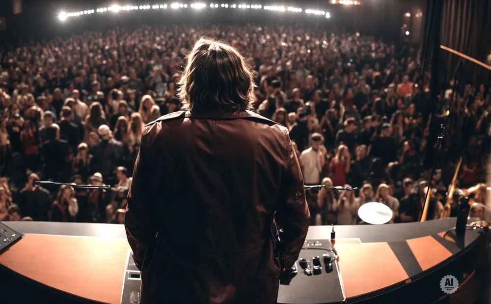A performer in a leather jacket faces a cheering crowd from a stage.