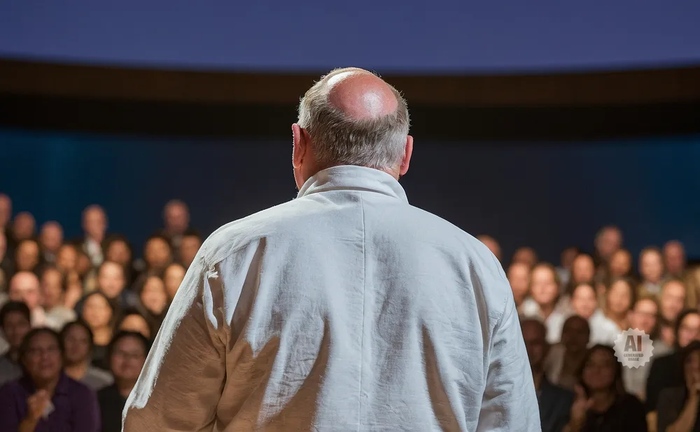 Bald man in a white shirt speaking to a blurred audience.