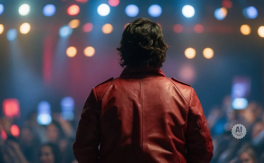 Back view of a person with curly hair in a red leather jacket, facing a blurred crowd and stage lights.