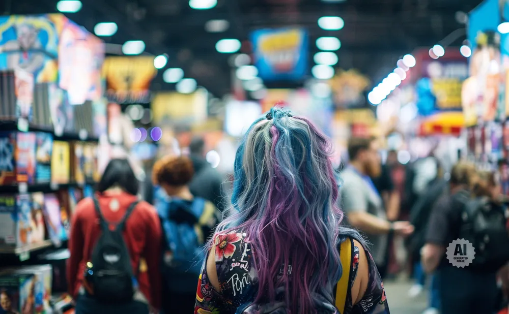 Woman with colorful dyed hair in a crowded store, looking towards shelves of merchandise.