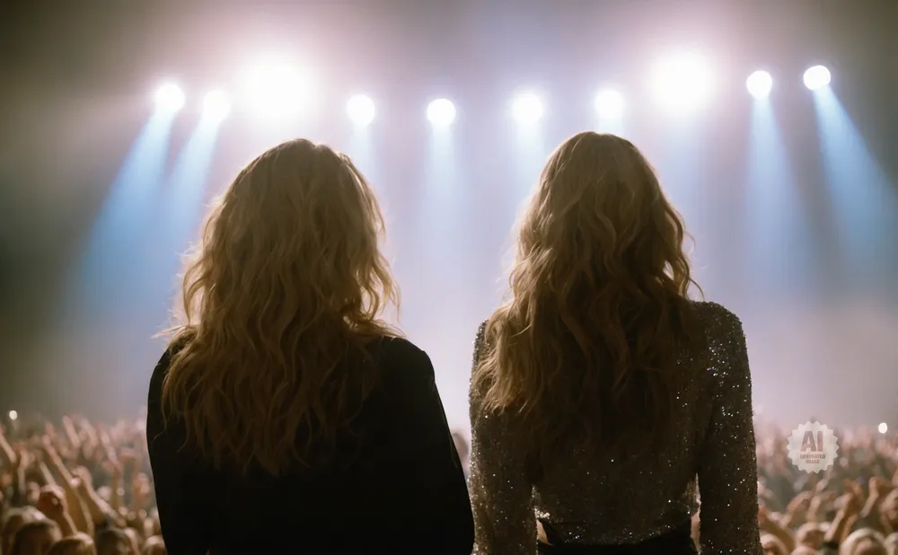 Two women with blonde hair stand on a stage facing a bright spotlight and an adoring crowd.