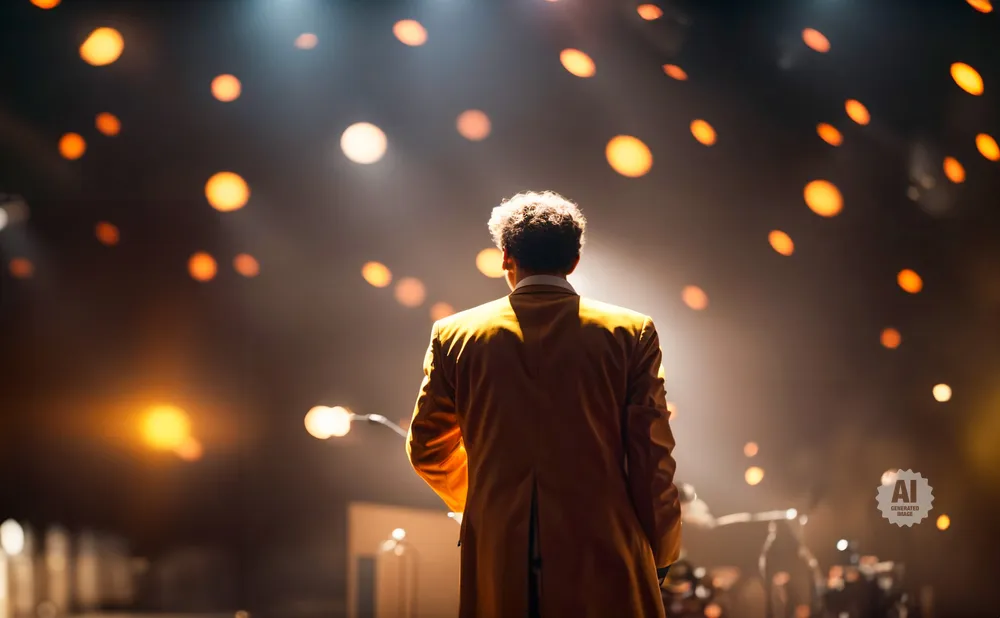 Man in a gold jacket on a stage with blurred orange lights and spotlights.