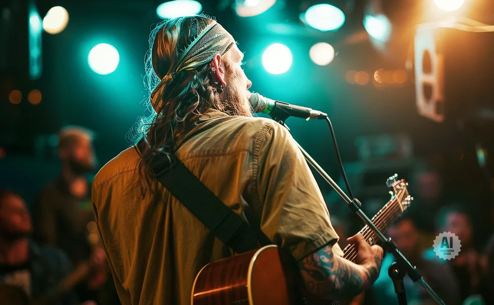 Musician with long hair and bandana plays guitar and sings into a microphone on stage.