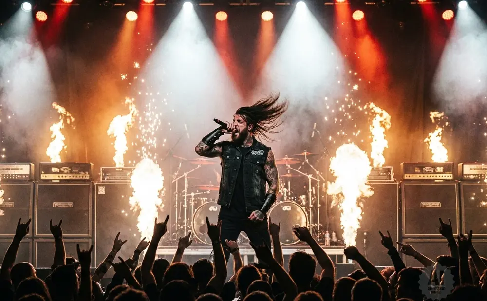 A male singer with long hair and a vest performs on stage with flames and fireworks, while a crowd holds up rock on sign.