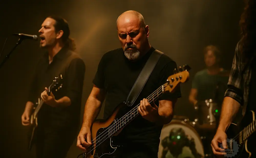 A bald man with a goatee plays a bass guitar on stage with a band.