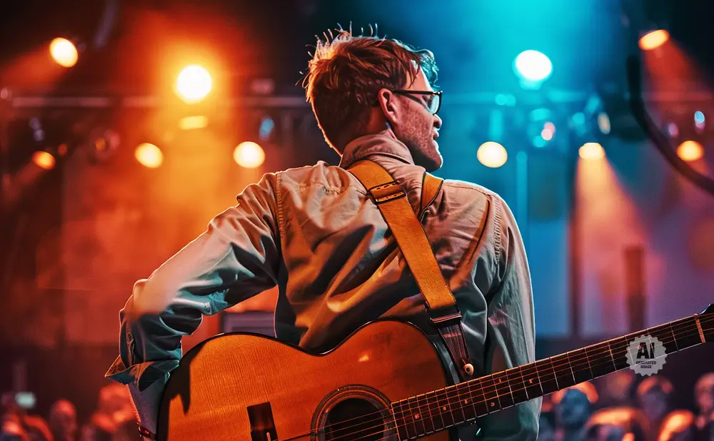 A musician with glasses plays an acoustic guitar on a stage with warm lights.