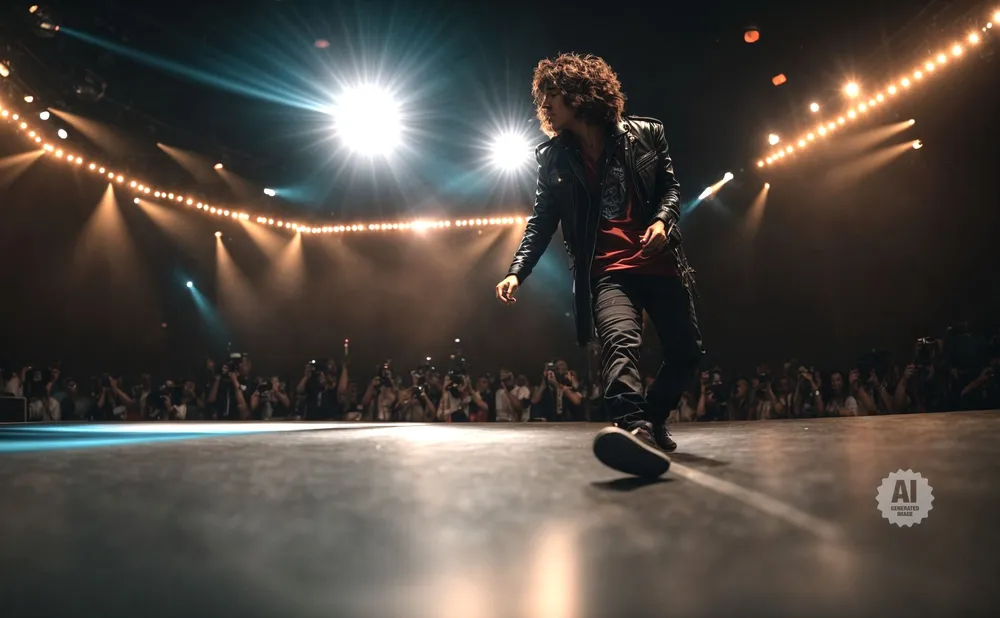 A male performer in a leather jacket dances on a dimly lit stage, with bright spotlights and a crowd of photographers in the background.