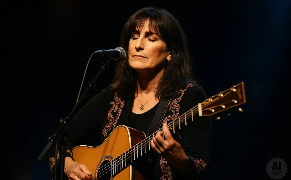 Woman with eyes closed plays an acoustic guitar on stage, with a microphone in front of her.