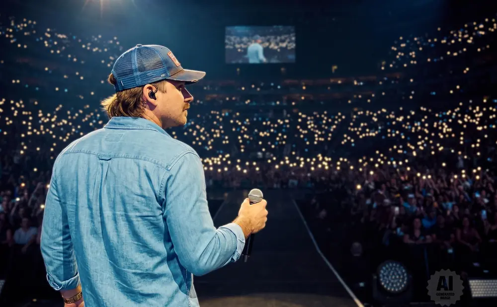A man in a baseball cap and denim shirt holds a microphone on stage, facing a cheering crowd with their phones lit up.