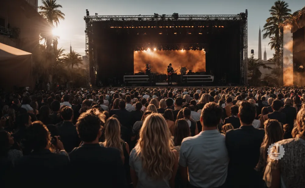 A crowd watches a band perform on an outdoor stage at sunset, with palm trees in the background.