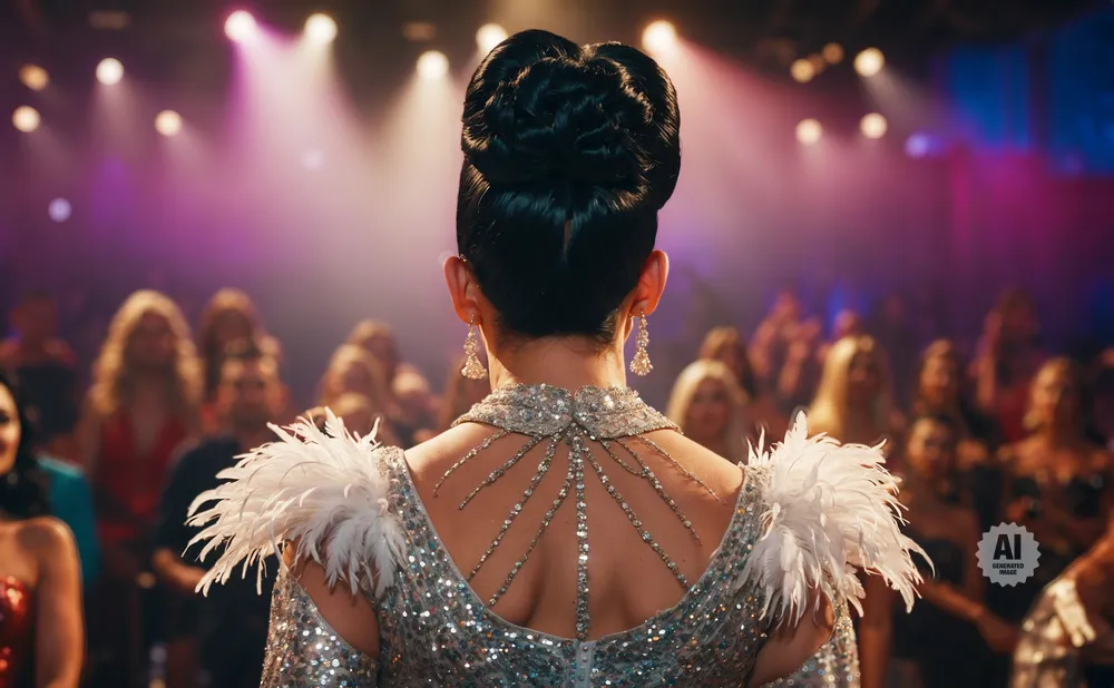Back view of a woman in a sparkly dress with feather accents, facing a crowd in a dimly lit venue.