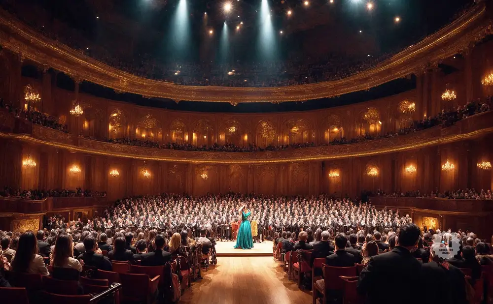 A singer stands before a large choir and orchestra on stage in a grand, ornate theater filled with an audience.
