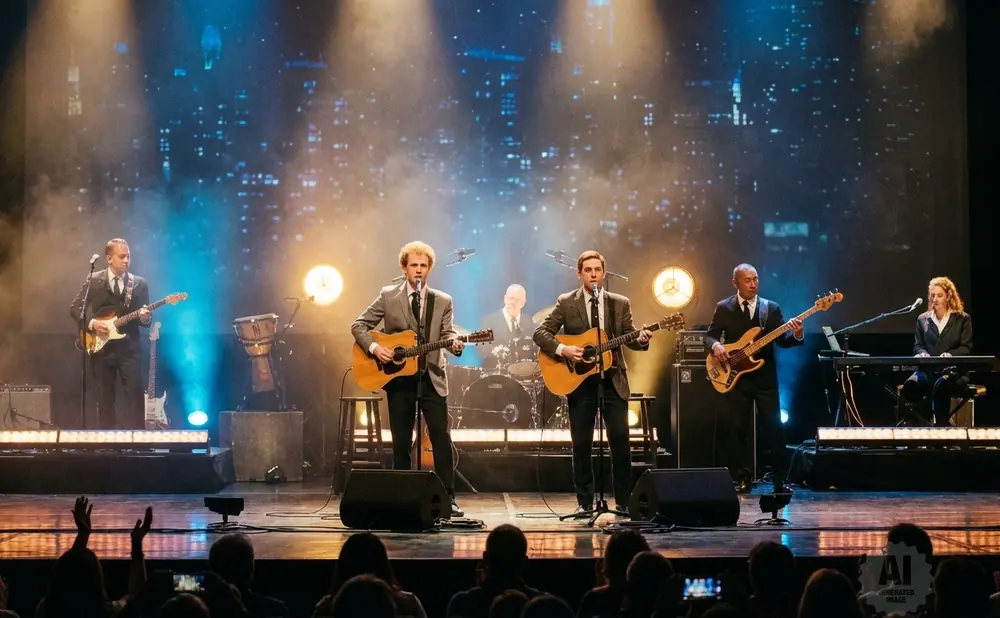A four-man band performs on stage with blue spotlights, two singers with guitars, a bassist, and a drummer.