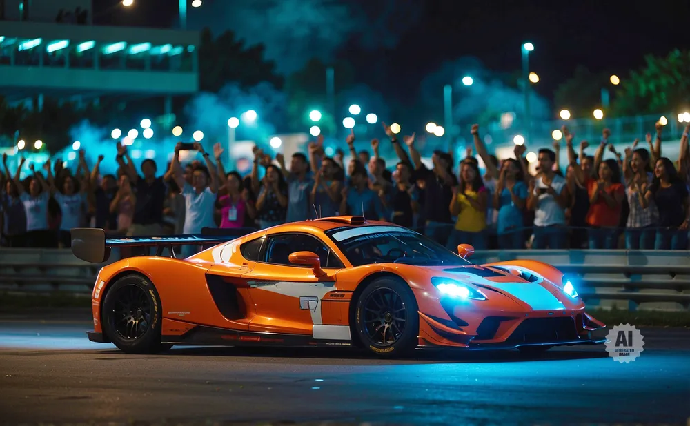 An orange race car with glowing blue headlights is on a track at night, with a cheering crowd in the background.