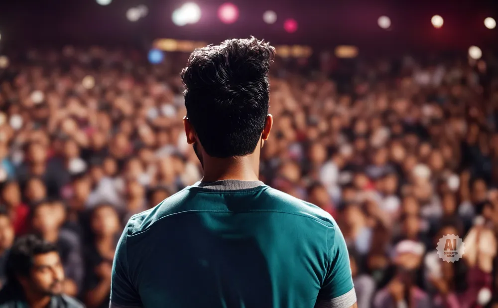 A man stands with his back to the camera, facing a large, blurred audience in a darkened venue.