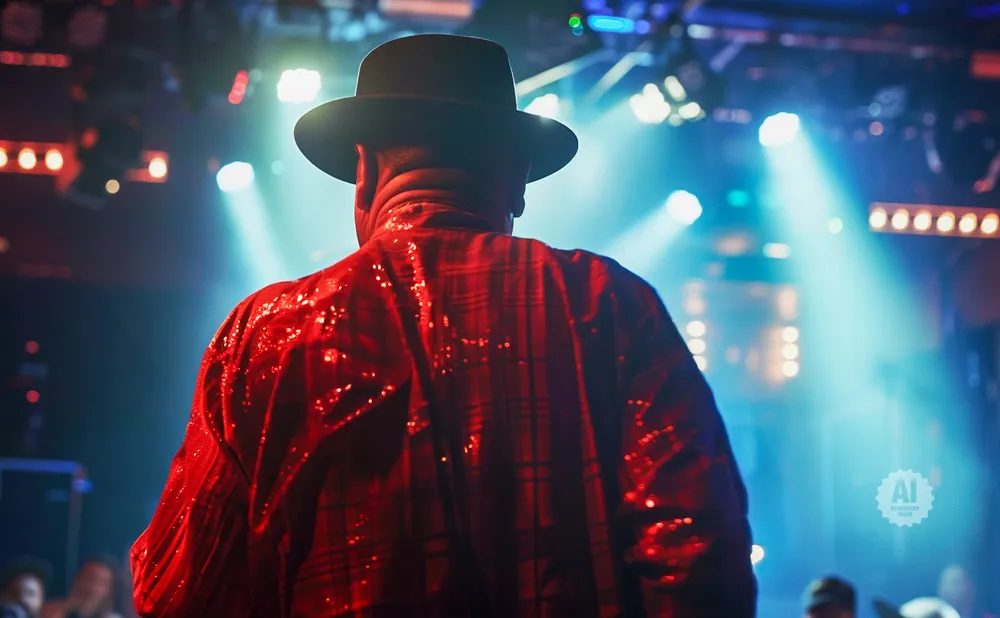 Man in a sequined red plaid shirt and black hat on stage with blue spotlights.