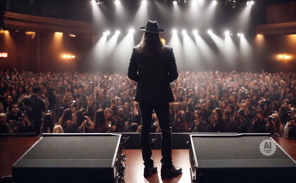 Man in a hat and suit on stage with a large audience.