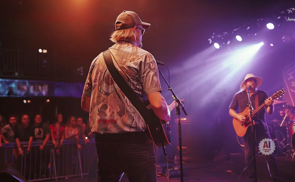 Two guitarists perform on a dimly lit stage with purple and orange lighting.