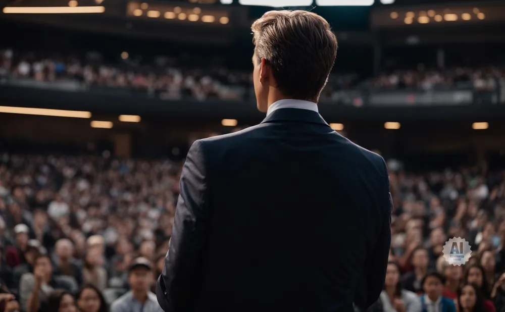 A man in a suit stands with his back to the camera, addressing a large, seated audience.