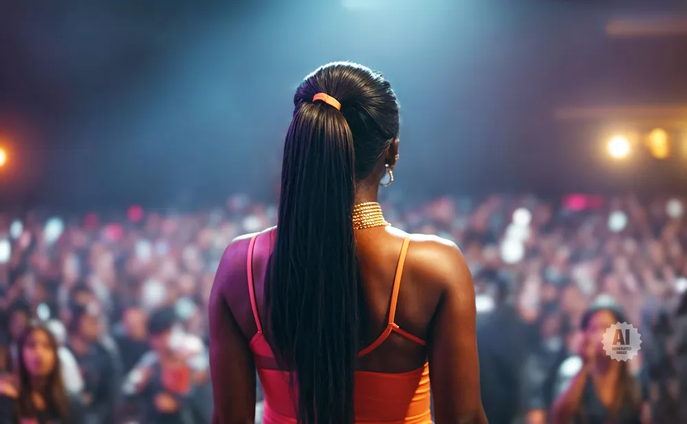 A woman with a high ponytail performs on stage in front of a cheering crowd.