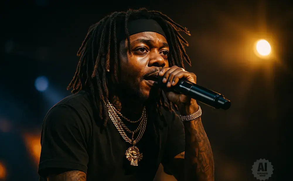 A Black man with dreadlocks and a black headband sings into a microphone, wearing gold chains and a black t-shirt.