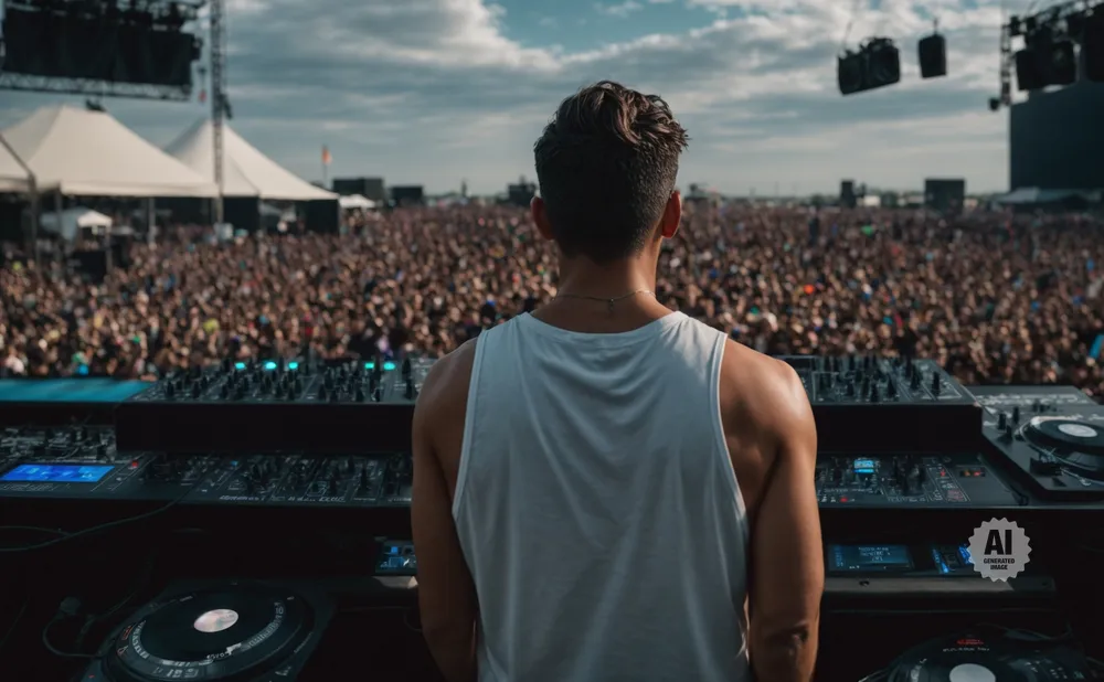 DJ playing music on a stage in front of a large crowd at a festival.